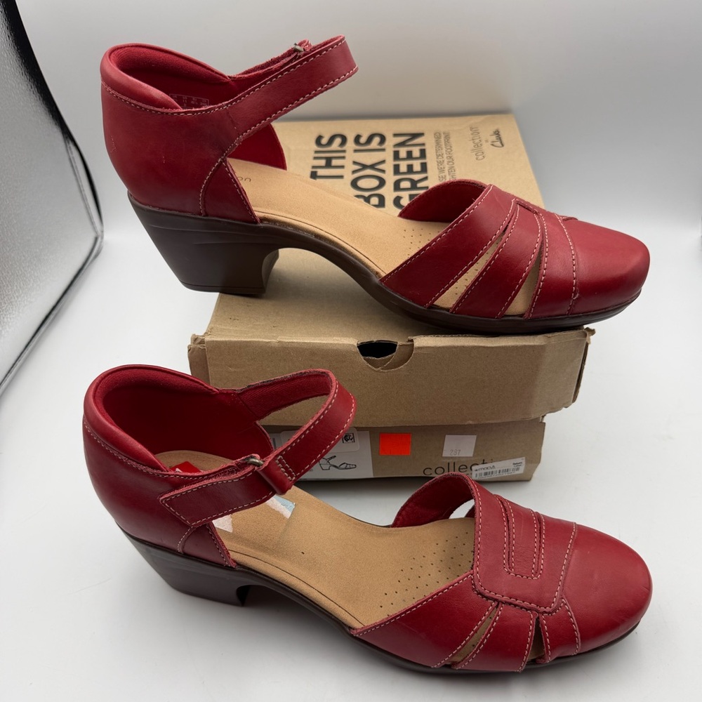Women's Red Leather Low Heel Sandals with Ankle Strap